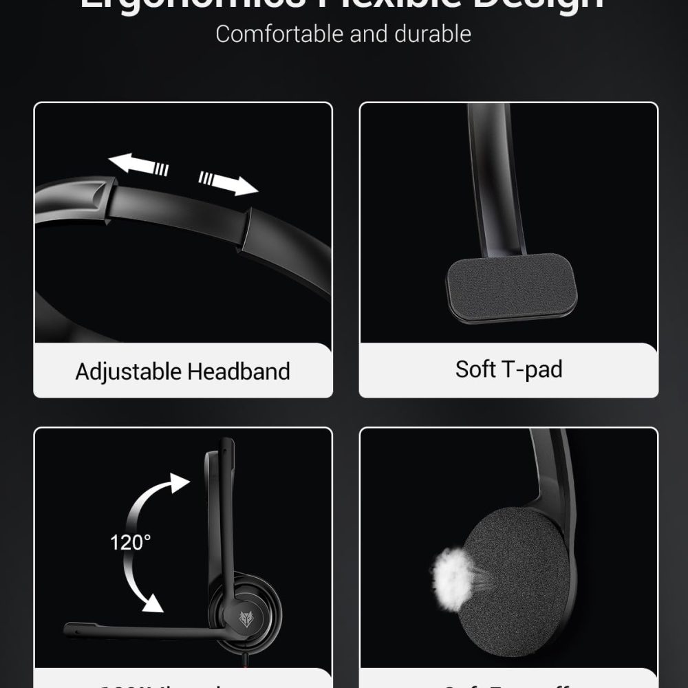 NUBWO HW02 USB Headset with Microphone Noise Cancelling &in-line Control, Ultra Comfort Computer Headset for Laptop pc, On-Ear Wired Office Call Center Headset for Boom Skype Webinars（Black） - Image 4