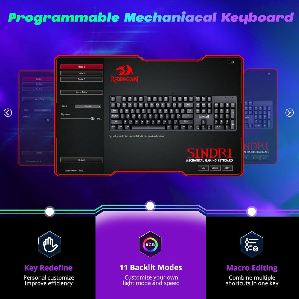 Redragon Mechanical Gaming Keyboard Wired, 11 Programmable Backlit Modes, Hot-Swappable Red Switch, Anti-Ghosting, Double-Shot PBT Keycaps, Light Up Keyboard for PC Mac - Image 4