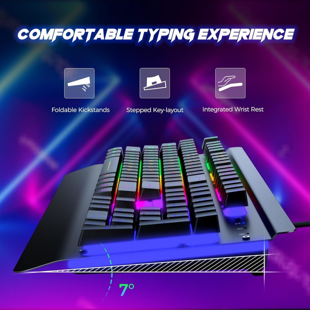RisoPhy Gaming Keyboard, 104 Keys All-Metal Panel, Rainbow LED Backlit Silent Computer Keyboard, Wrist Rest, Multimedia Keys, Anti-Ghosting, Waterproof Light Up Wired Keyboard for PC Mac Gamer - Image 3