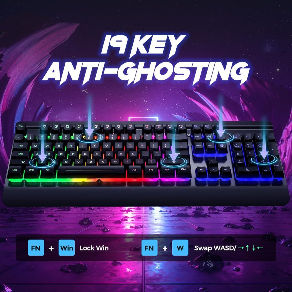 RisoPhy Gaming Keyboard, 104 Keys All-Metal Panel, Rainbow LED Backlit Silent Computer Keyboard, Wrist Rest, Multimedia Keys, Anti-Ghosting, Waterproof Light Up Wired Keyboard for PC Mac Gamer - Image 5