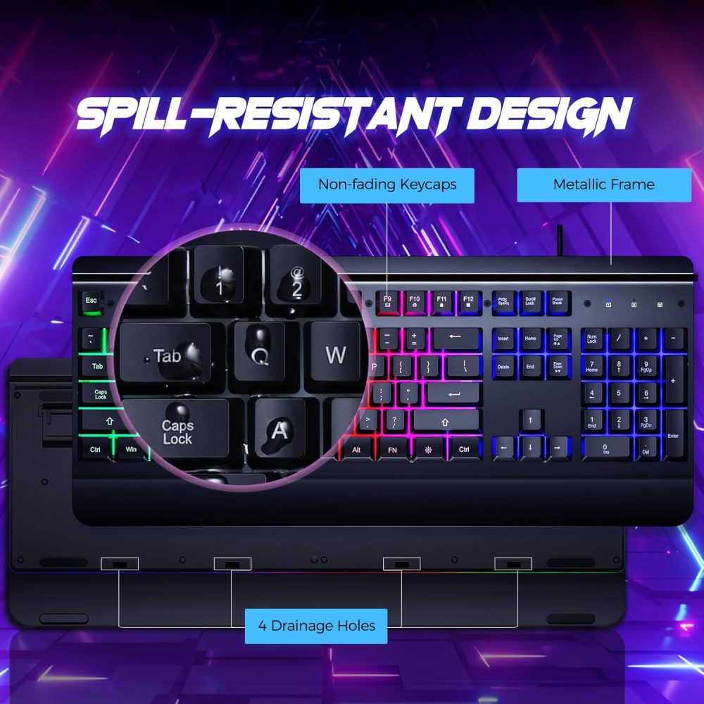 RisoPhy Gaming Keyboard, 104 Keys All-Metal Panel, Rainbow LED Backlit Silent Computer Keyboard, Wrist Rest, Multimedia Keys, Anti-Ghosting, Waterproof Light Up Wired Keyboard for PC Mac Gamer - Image 6