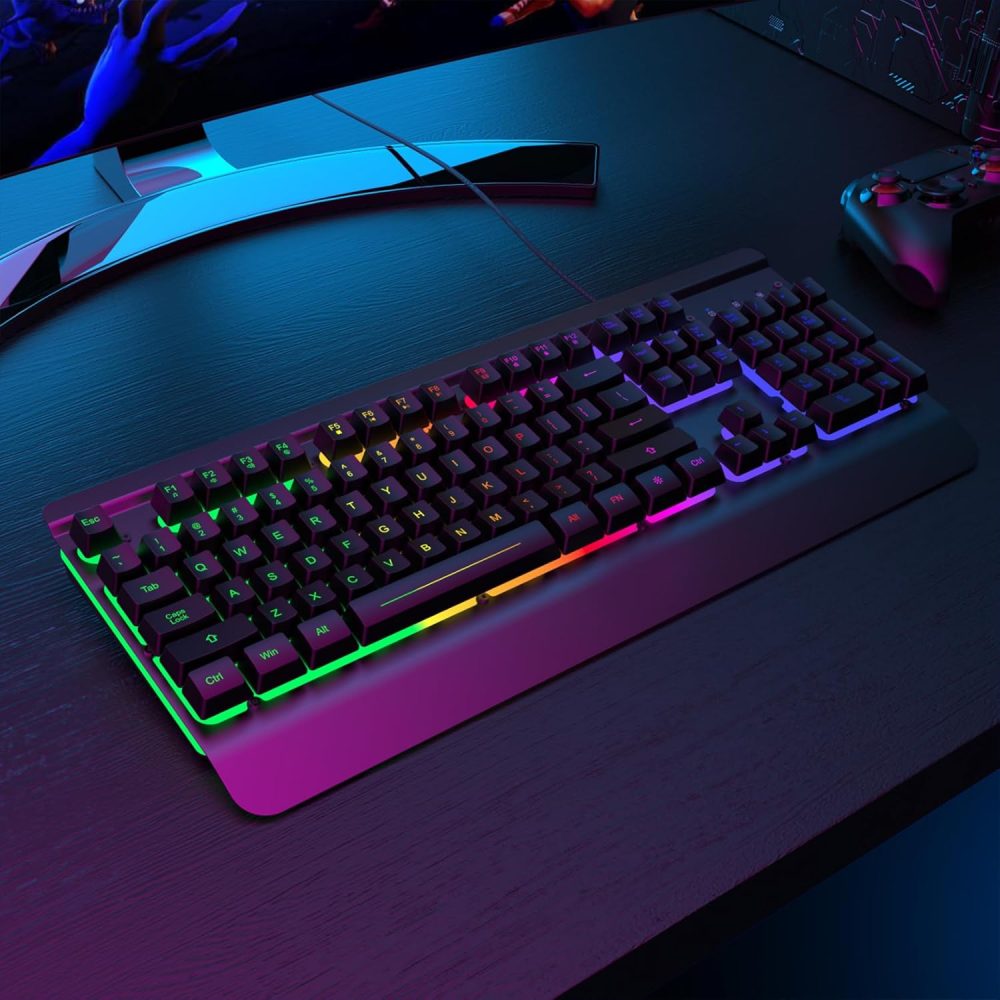 RisoPhy Gaming Keyboard, 104 Keys All-Metal Panel, Rainbow LED Backlit Silent Computer Keyboard, Wrist Rest, Multimedia Keys, Anti-Ghosting, Waterproof Light Up Wired Keyboard for PC Mac Gamer - Image 7